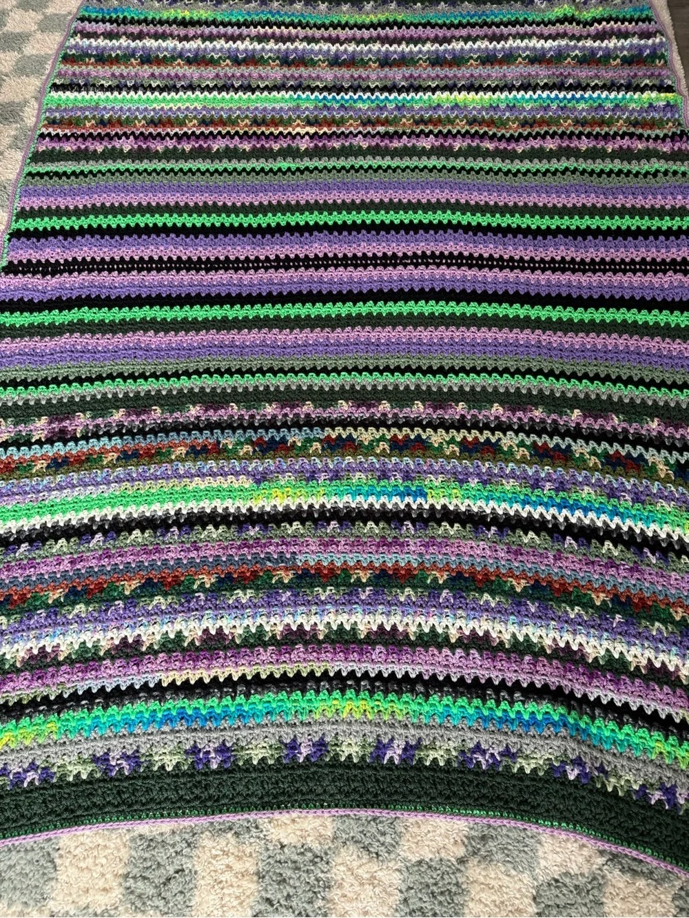 VTG Handmade Crochet Granny Square Afghan Blanket Throw Multi Color Boho Purple
